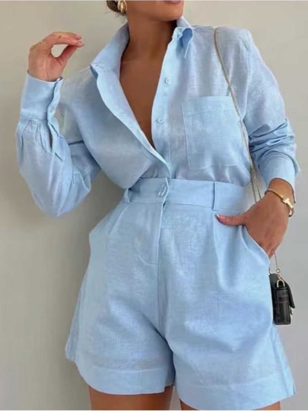 Light Blue Linen Shirt & High-Waist Shorts Set size S-M
